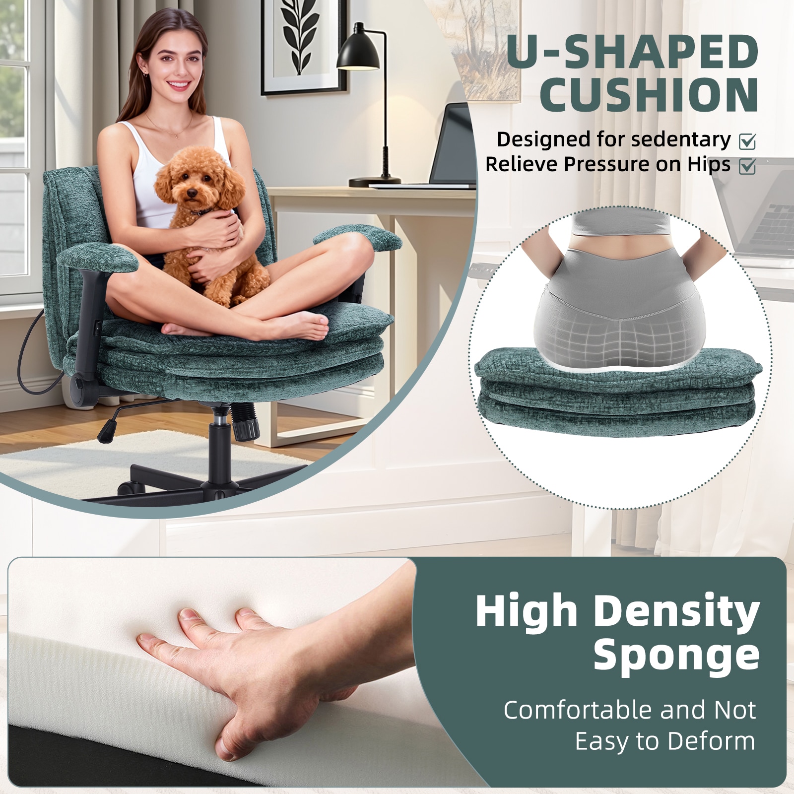 Criss Cross Chair With Wheels And Flip Arms, Upholstered Cross Legged Office Chair With 3 Layer Cushions&Dynamic Airbag Lumbar Support, Wide Seat Comfy Desk Chair For Home Office, Living Room, Green_maomaolike.com